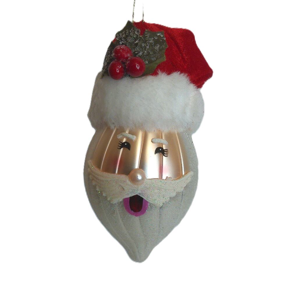 Vintage Glass Santa Claus Head Christmas Ornament with Red Hat & Glitter Beard - Picture 5 of 5